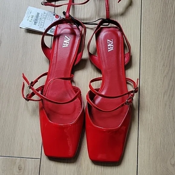 NWT ZARA Strappy Faux Patent leather Slingback Flats size 7.5 - Picture 4 of 8